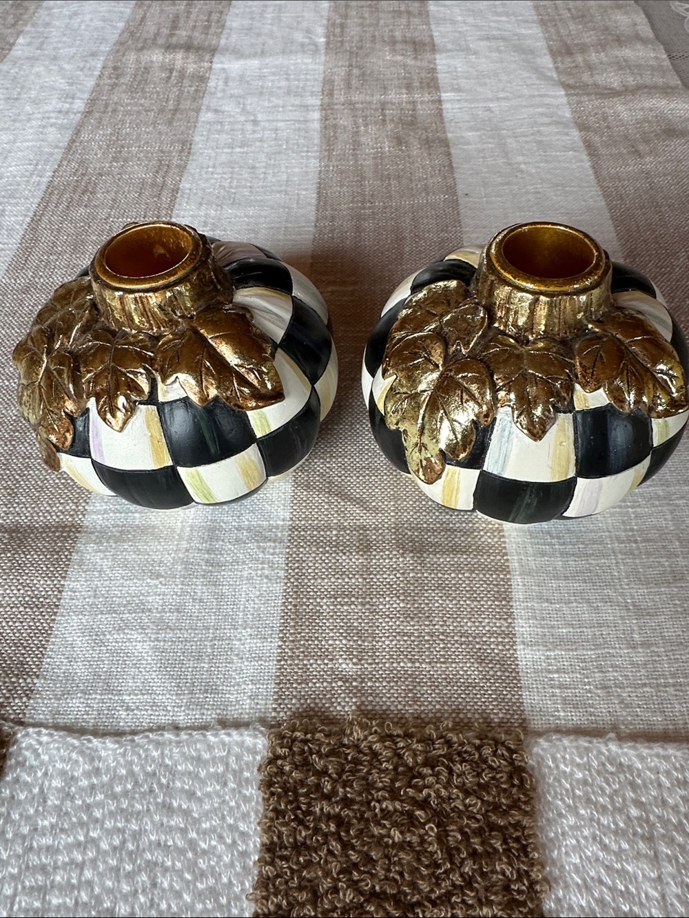 Mackenzie-Childs Gold Leaf Courtly Check Decorative pumpkin candlestick holder